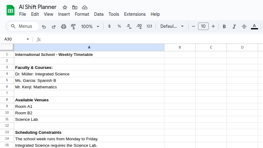 A clean, AI-generated school schedule in a Google Sheet, perfectly optimized.