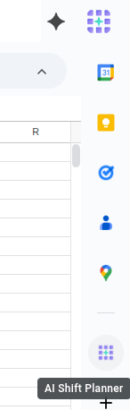 The AI Shift Planner icon highlighted in the Google Workspace side panel.