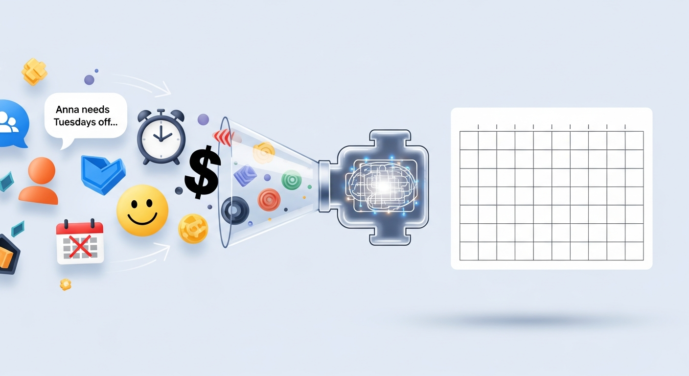 An illustration showing a central, glowing 'brain' icon transforming chaotic inputs (text, clocks, people icons) into a single, clean schedule grid.